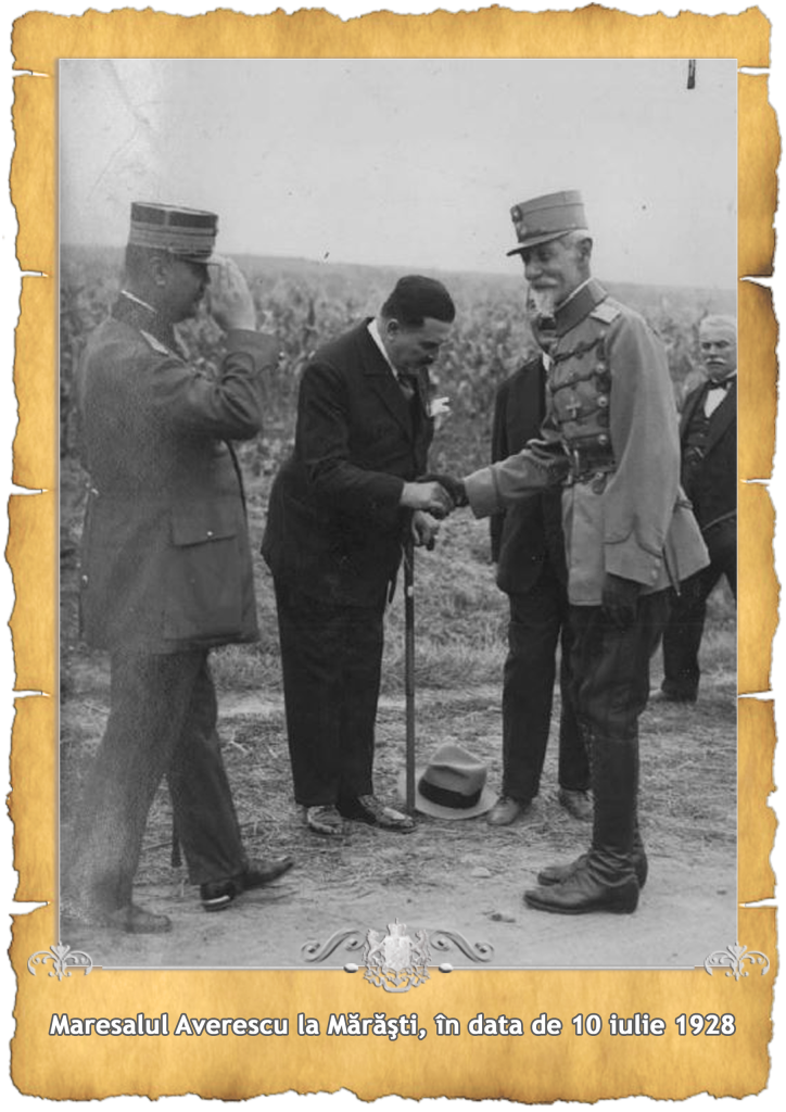 Marshal Averescu shaking hands with a civilian at Mărăști on July 10, 1928, next to a saluting officer