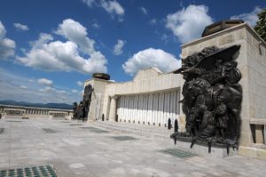Terrace of the Mărăști Mausoleum with bronze bas-reliefs and facade with commemorative plaques