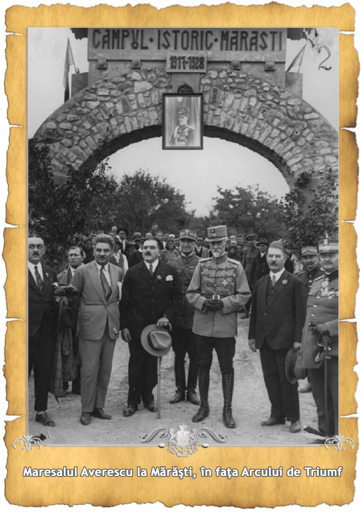 Marshal Averescu and a group of men in front of the Triumphal Arch at Mărăști
