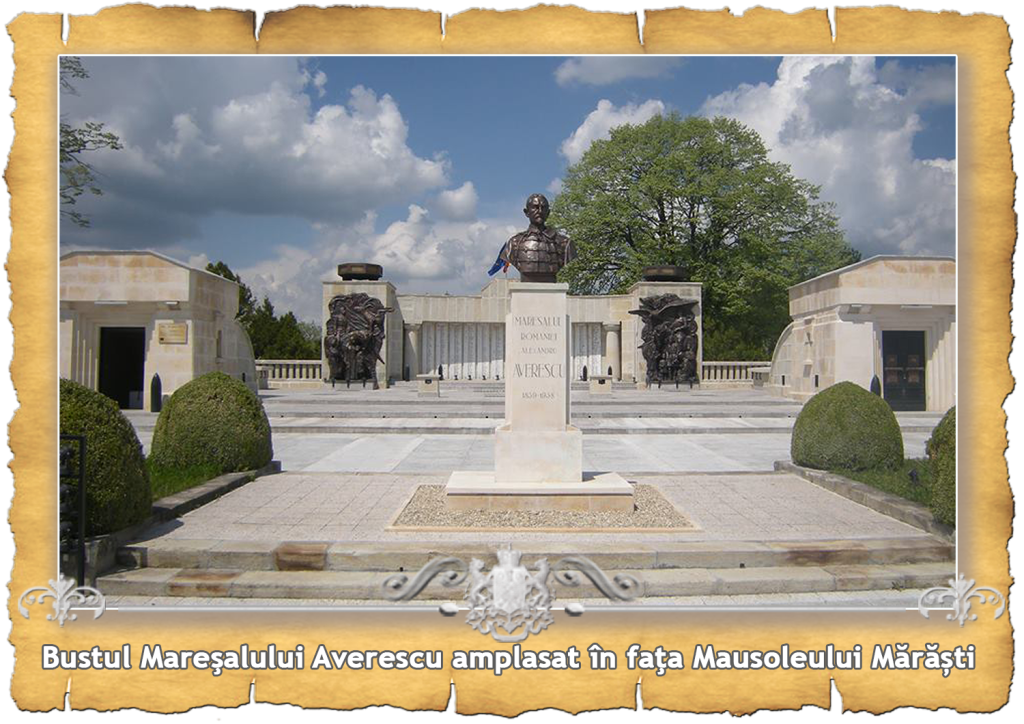 Bronze bust of Marshal Averescu on a pedestal in front of the Mărăști Mausoleum