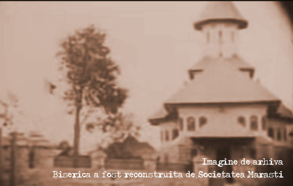 Sepia archival photo of the church in Mărăști rebuilt by the Mărăști Society