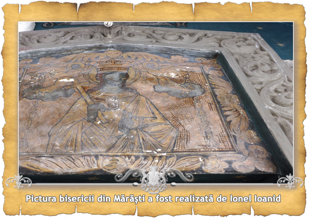 Icon painted by Ionel Ioanid for the church in Mărăști, set in a carved wooden frame
