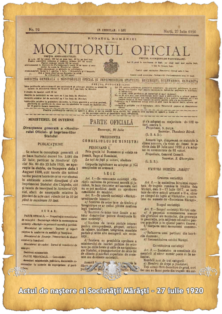 Official Gazette page showing the founding act of the Mărăști Society from July 27, 1917