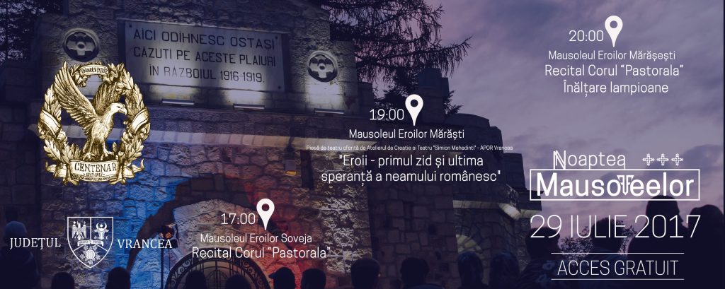 The Mărăști Heroes Mausoleum at night, festively illuminated, on a poster for the Night of the Mausoleums